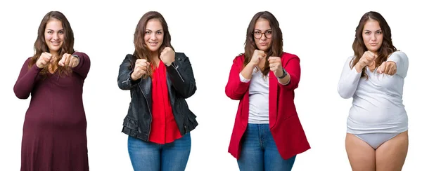 Коллаж Красивой Плюс Размер Женщины Изолированном Фоне Удар Кулаком Борьбы — стоковое фото