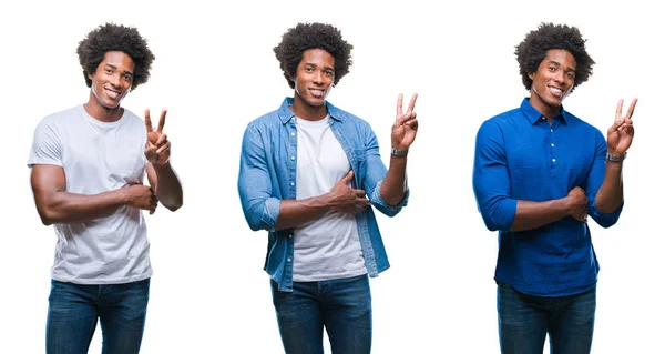 アフリカ系アメリカ人の若い上半身裸男とビジネスマン勝利のサインを行うカメラでウィンクしている幸せそうな顔を浮かべて孤立の背景上のコラージュ — ストック写真