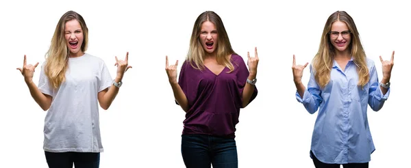 Collage Young Beautiful Blonde Woman Isolated Background Shouting Crazy Expression — Stock Photo, Image