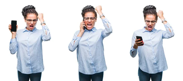 Collage Hermosa Mujer Negocios Afroamericana Usando Teléfono Inteligente Sobre Fondo — Foto de Stock