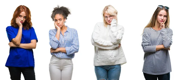 Collage Gruppen Vacker Casual Kvinna Över Isolerade Bakgrund Tänkande Ser — Stockfoto