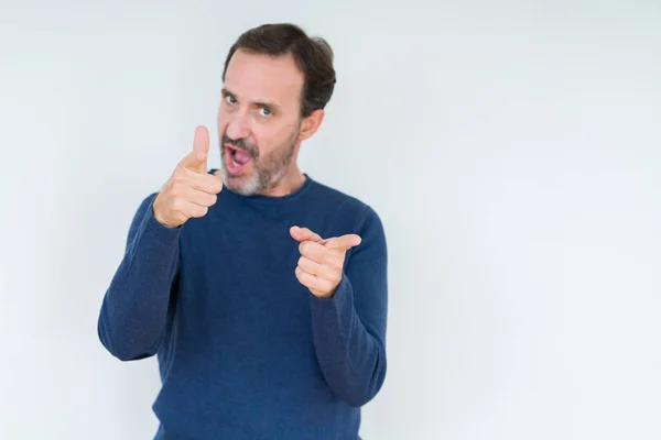 Elegante Hombre Mayor Sobre Fondo Aislado Señalando Los Dedos Cámara —  Fotos de Stock