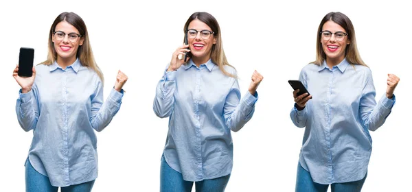 Collage Von Jungen Schönen Geschäftsfrau Mit Smartphone Über Isolierten Hintergrund — Stockfoto