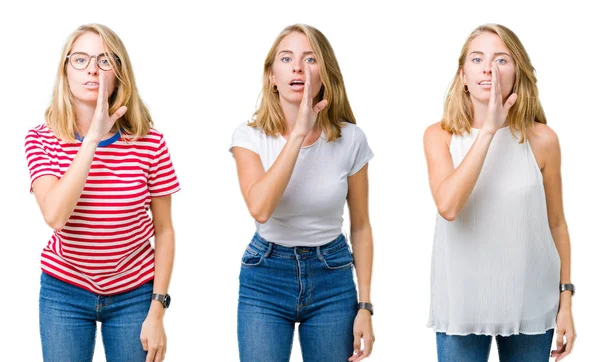 Collage Von Schönen Blonden Frau Über Weißen Isolierten Hintergrund Hand — Stockfoto