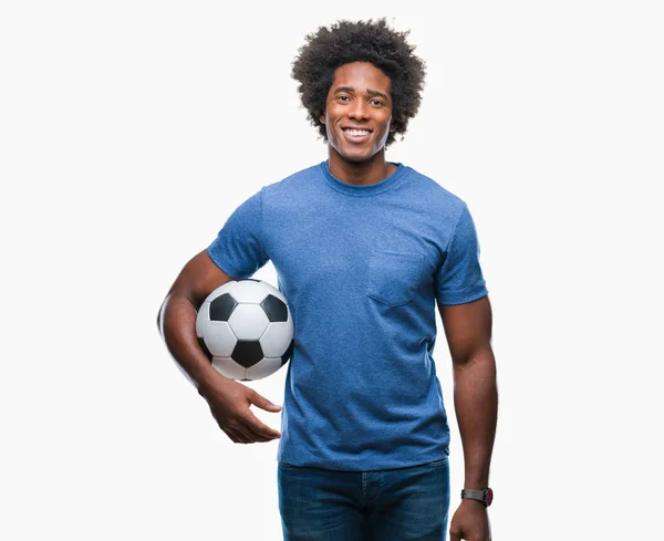 Афро Американський Чоловік Тримає Футбольний Над Ізольованих Фону Щасливим Обличчям — стокове фото