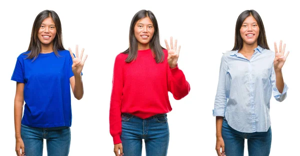 Collage Asiatisk Ung Kvinde Stående Hvid Isoleret Baggrund Viser Peger - Stock-foto