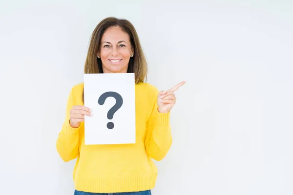 Middle Age Woman Thinking Holding Paper Question Mark Symbol Isolated — Stock Photo, Image