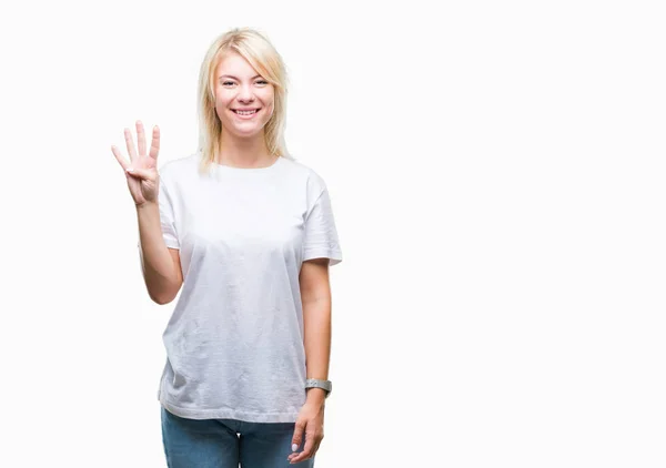 Ung Vacker Blond Kvinna Som Bär Vit Shirt Över Isolerade — Stockfoto