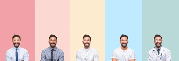 Colagem Homem Bonito Sobre Listras Coloridas Fundo Isolado Rosto Feliz — Fotografia de Stock