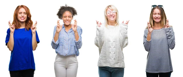 Collage Gruppen Vacker Casual Kvinna Över Isolerade Bakgrund Leende Korsning — Stockfoto