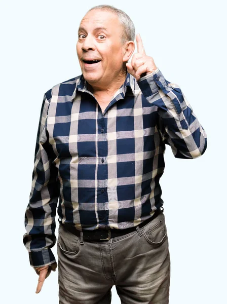 Pěkný Starší Muž Nosí Ležérní Košile Ukazováčkem Úspěšným Myšlenkou Byl — Stock fotografie