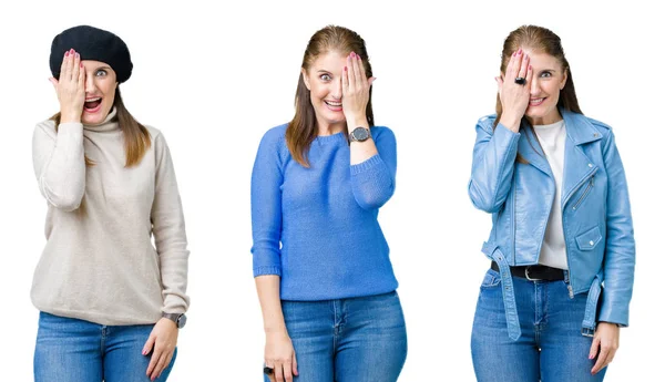 Collage Hermosa Mujer Mediana Edad Sobre Fondo Aislado Que Cubre — Foto de Stock