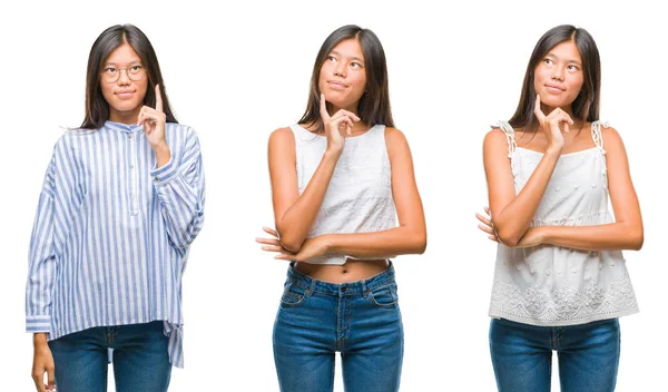 Colagem Asiática Jovem Mulher Vestindo Óculos Sobre Fundo Isolado Branco — Fotografia de Stock