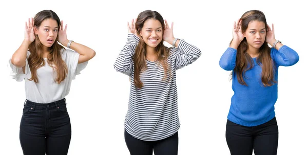 Collage Hermosa Mujer Joven Sobre Fondo Aislado Tratando Escuchar Ambos —  Fotos de Stock