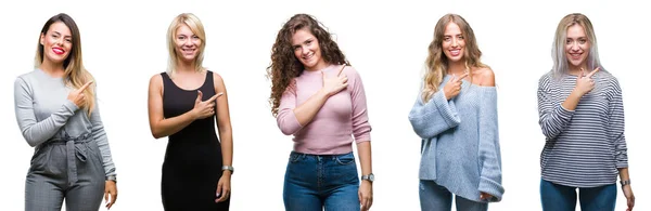 Collage Van Jonge Mooie Vrouwen Geïsoleerde Achtergrond Vrolijke Met Een — Stockfoto