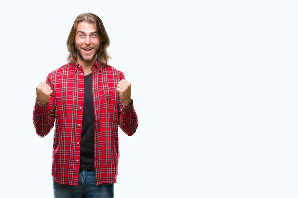 Young Handsome Man Long Hair Isolated Background Celebrating Surprised Amazed — Stock Photo, Image