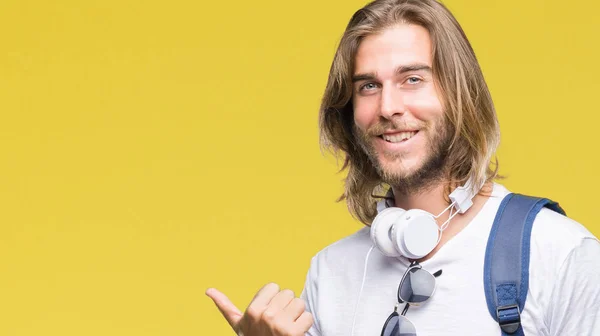 Young Handsome Tourist Man Long Hair Wearing Backpack Isolated Background — Stock Photo, Image