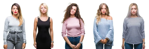 Colagem Jovens Mulheres Bonitas Sobre Fundo Isolado Com Expressão Séria — Fotografia de Stock