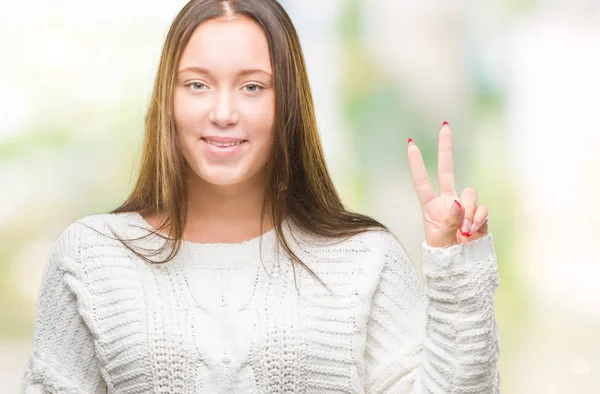 Giovane Bella Donna Caucasica Indossa Maglione Invernale Sfondo Isolato Mostrando — Foto Stock