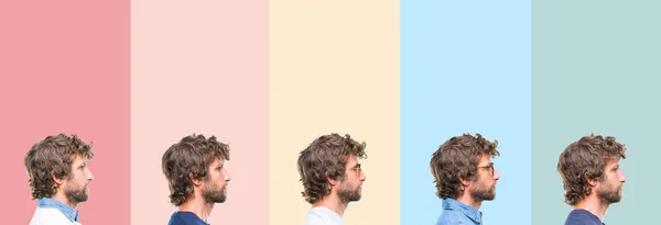 Collage Ung Casual Man Över Färgglada Ränder Isolerade Bakgrund Ser — Stockfoto
