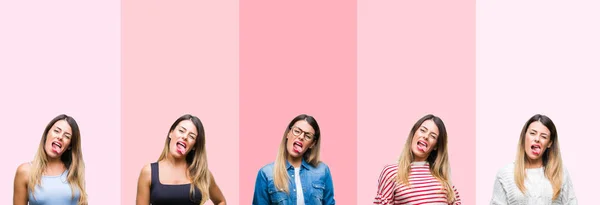 年轻美丽的女人在粉红色的条纹拼贴孤立的背景伸出舌头出来的搞笑的表达高兴 情感概念 — 图库照片