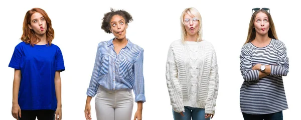 Colagem Grupo Mulher Casual Bonita Sobre Fundo Isolado Fazendo Cara — Fotografia de Stock