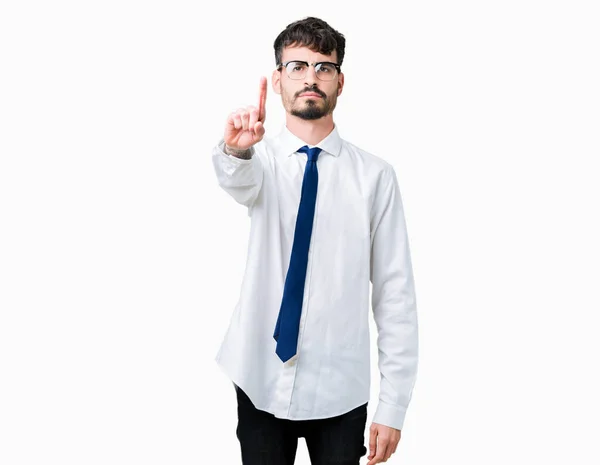 Genç Yakışıklı Adam Gözlük Izole Üzerinde Arka Plan Işaret Parmağını — Stok fotoğraf