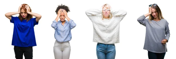 Collage Gruppen Vacker Casual Kvinna Över Isolerade Bakgrund Lider Huvudvärk — Stockfoto