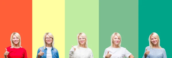 Collage Von Schönen Blonden Frau Über Lebendigen Vintage Isolierten Hintergrund — Stockfoto