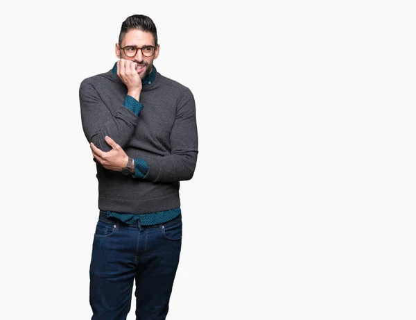 Joven Hombre Guapo Con Gafas Sobre Fondo Aislado Mirando Estresado —  Fotos de Stock