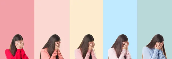 Collage Beautiful Asian Woman Colorful Stripes Isolated Background Sad Expression — Stock Photo, Image