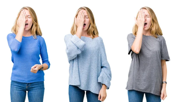 Collage Vacker Blond Kvinna Över Vita Isolerade Bakgrund Yawning Trött — Stockfoto