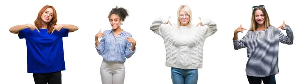 Collage Van Groep Van Mooie Ongedwongen Vrouw Geïsoleerde Achtergrond Zoek — Stockfoto