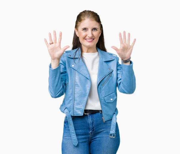 Hermosa Mujer Madura Mediana Edad Con Chaqueta Cuero Moda Sobre —  Fotos de Stock