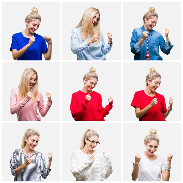 Collage Van Jonge Mooie Blonde Vrouw Witte Geïsoleerde Achtergrond Erg — Stockfoto