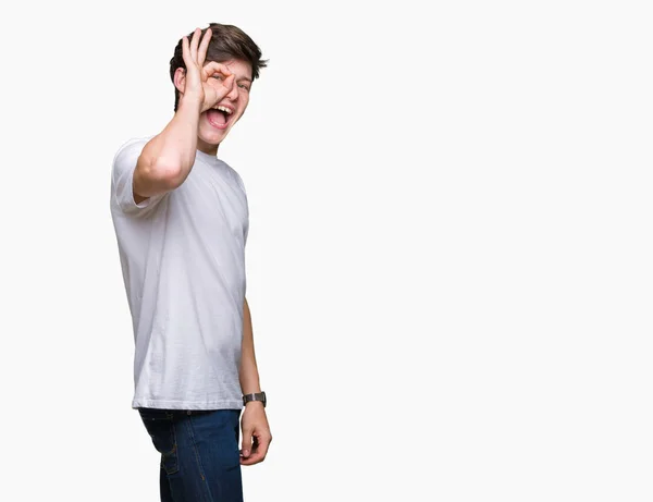 Jovem Bonito Homem Vestindo Casual Branco Shirt Sobre Isolado Fundo — Fotografia de Stock