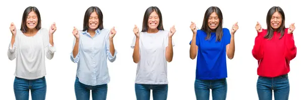 Composition Chinese Asian Woman Isolated Background Excited Success Arms Raised — Stock Photo, Image