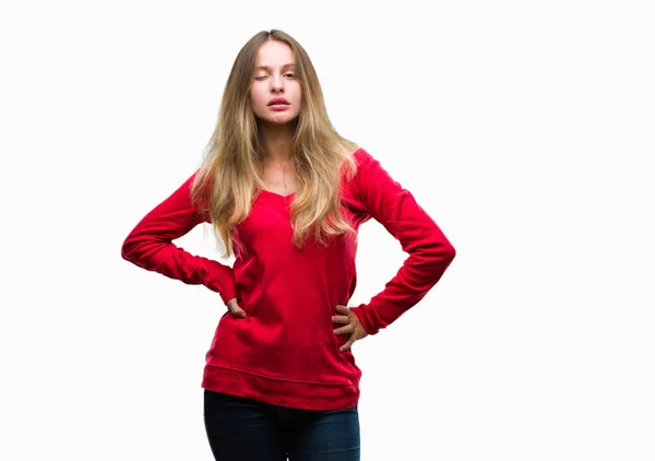 Jovem Mulher Loira Bonita Vestindo Camisola Vermelha Sobre Fundo Isolado — Fotografia de Stock