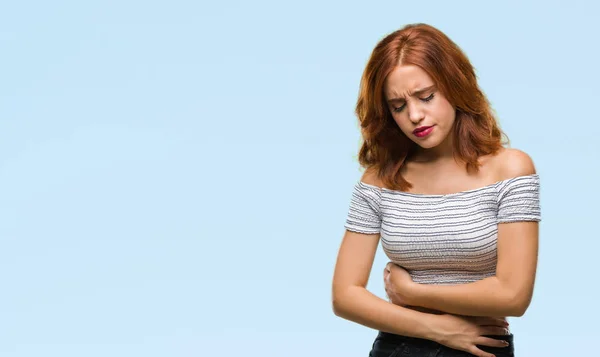 Mujer Hermosa Joven Sobre Fondo Aislado Con Mano Estómago Porque — Foto de Stock