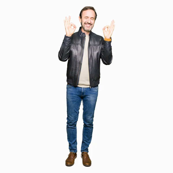 Middle Age Handsome Man Wearing Black Leather Jacket Relax Smiling — Stock Photo, Image