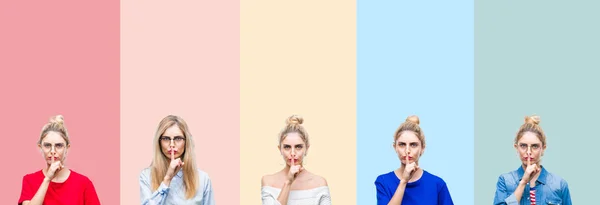 Collage Van Mooie Blonde Vrouw Geïsoleerde Achtergrond Kleurrijke Strepen Vragen — Stockfoto