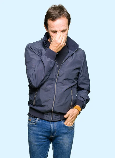 Middle Age Handsome Man Wearing Jacket Tired Rubbing Nose Eyes — Stock Photo, Image