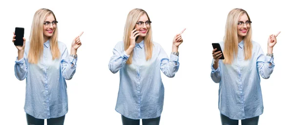 Collage Einer Jungen Schönen Blonden Geschäftsfrau Mit Smartphone Vor Isoliertem — Stockfoto