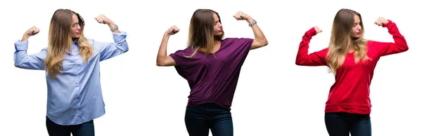 年轻美丽的金发碧眼的女人拼贴在孤立的背景显示手臂肌肉微笑自豪 健身理念 — 图库照片