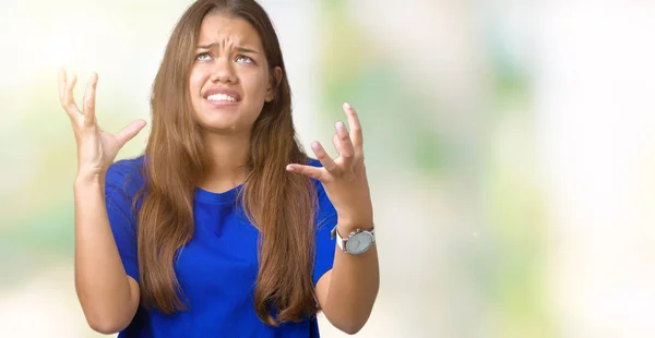 Jovem Bela Mulher Morena Vestindo Camiseta Azul Sobre Fundo Isolado — Fotografia de Stock