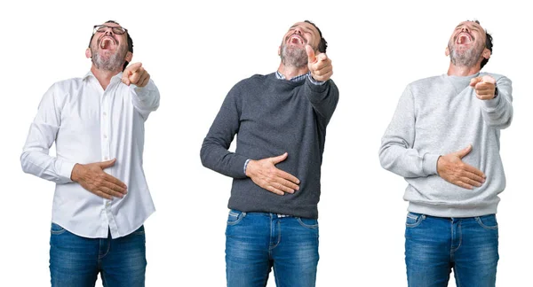 Collage Hombre Mayor Guapo Sobre Fondo Blanco Aislado Riéndose Señalando — Foto de Stock