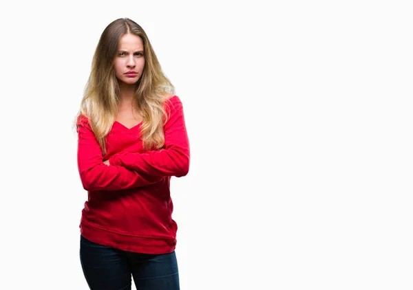 Junge Schöne Blonde Frau Rotem Pullover Über Isoliertem Hintergrund Skeptisch — Stockfoto