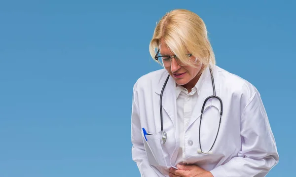 Middle Age Blonde Doctor Woman Isolated Background Hand Stomach Because — Stock Photo, Image