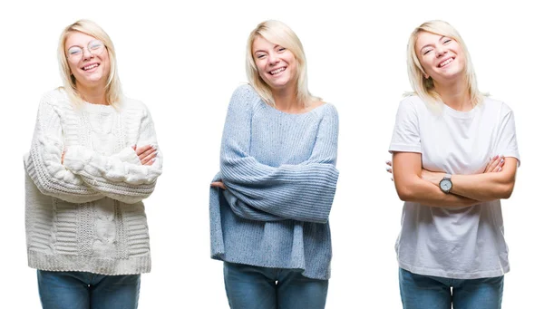 Collage Einer Schönen Blonden Frau Winterpullover Vor Isoliertem Hintergrund Die — Stockfoto