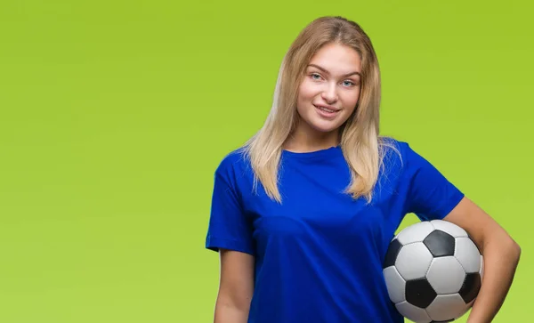 Young Caucasian Woman Holding Soccer Ball Isolated Background Happy Face — Stock Photo, Image